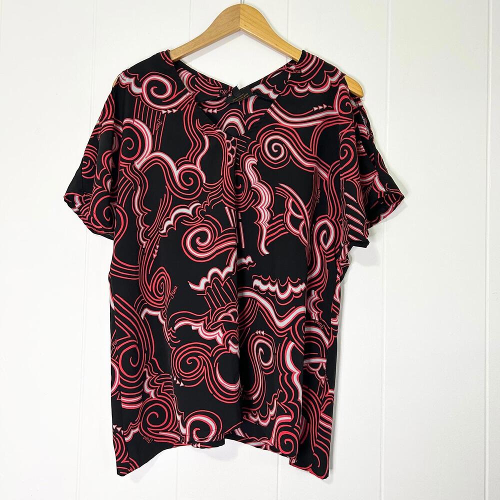 Hina Hawaiian Print Red Black Hawaiian Print Blouse Top Women's Medium